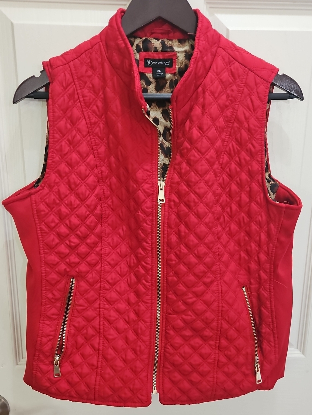 New Direction Red Leopard Lined Quilted Vest Sz LgP